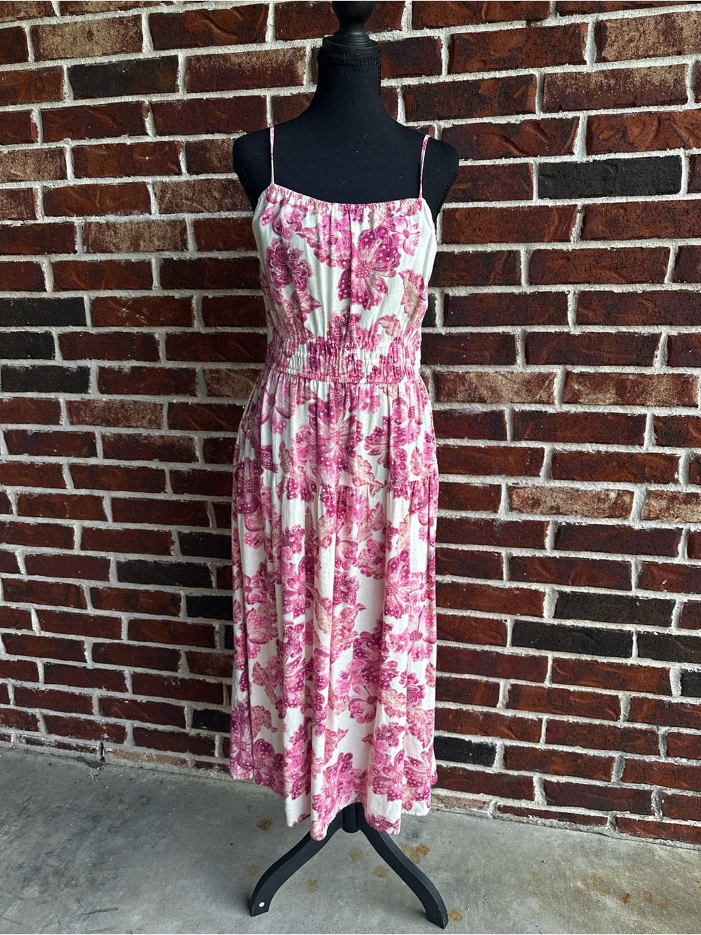 Old Navy White and Pink Floral Midi Sundress with Smocked Waist